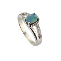 Australian Doublet Opal & White Cubic Zirconia 925 Sterling Silver Ring