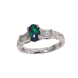 Australian Solid Black Opal & Diamond 18 kt White Gold Ring