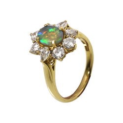 Australian Black Crystal Opal & Diamond 18kt Yellow Gold Engagement Ring